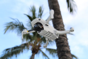Drone flying with palm trees in background